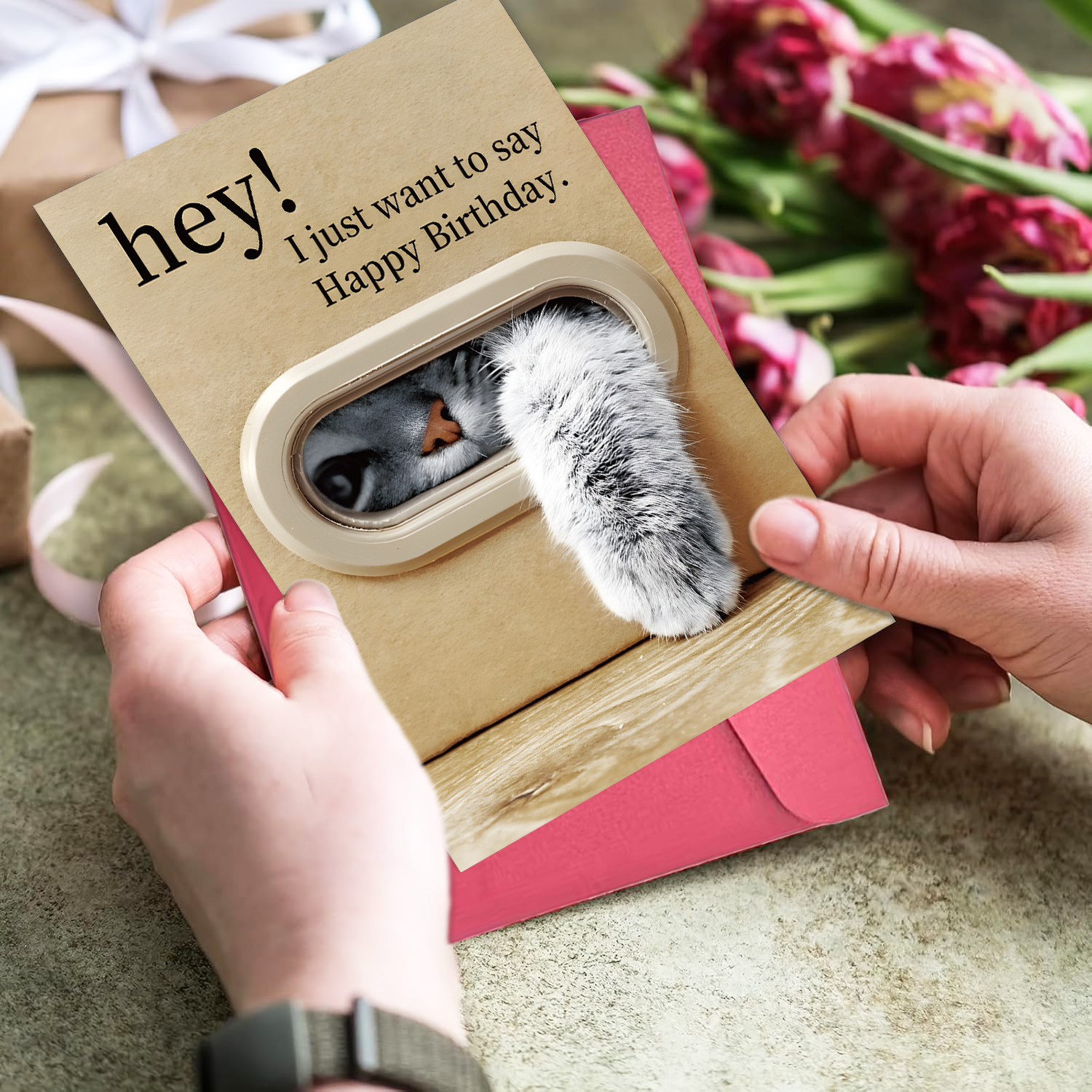 高级质感 猫咪从洞探爪的趣味生日卡 带信封 含祝福语 男女通用