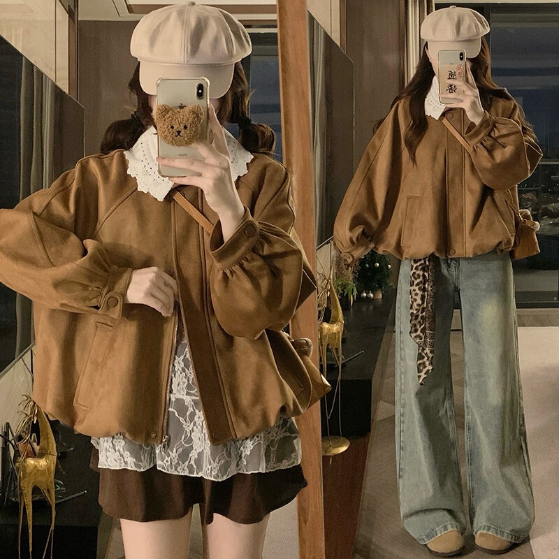 Real shot of caramel puff lace collar suede bud jacket for women, autumn design, loose-fitting jacket top, other items Real shot of caramel puff lace collar suede bud jacket for women, autumn design, loose-fitting jacket top, other items