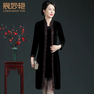 宸妙艳品牌秋装新款金丝绒中长款风衣绣花蕾丝大码修身中国风外套