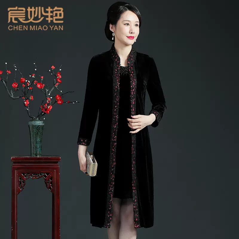 宸妙艳品牌秋装新款金丝绒中长款风衣绣花蕾丝大码修身中国风外套