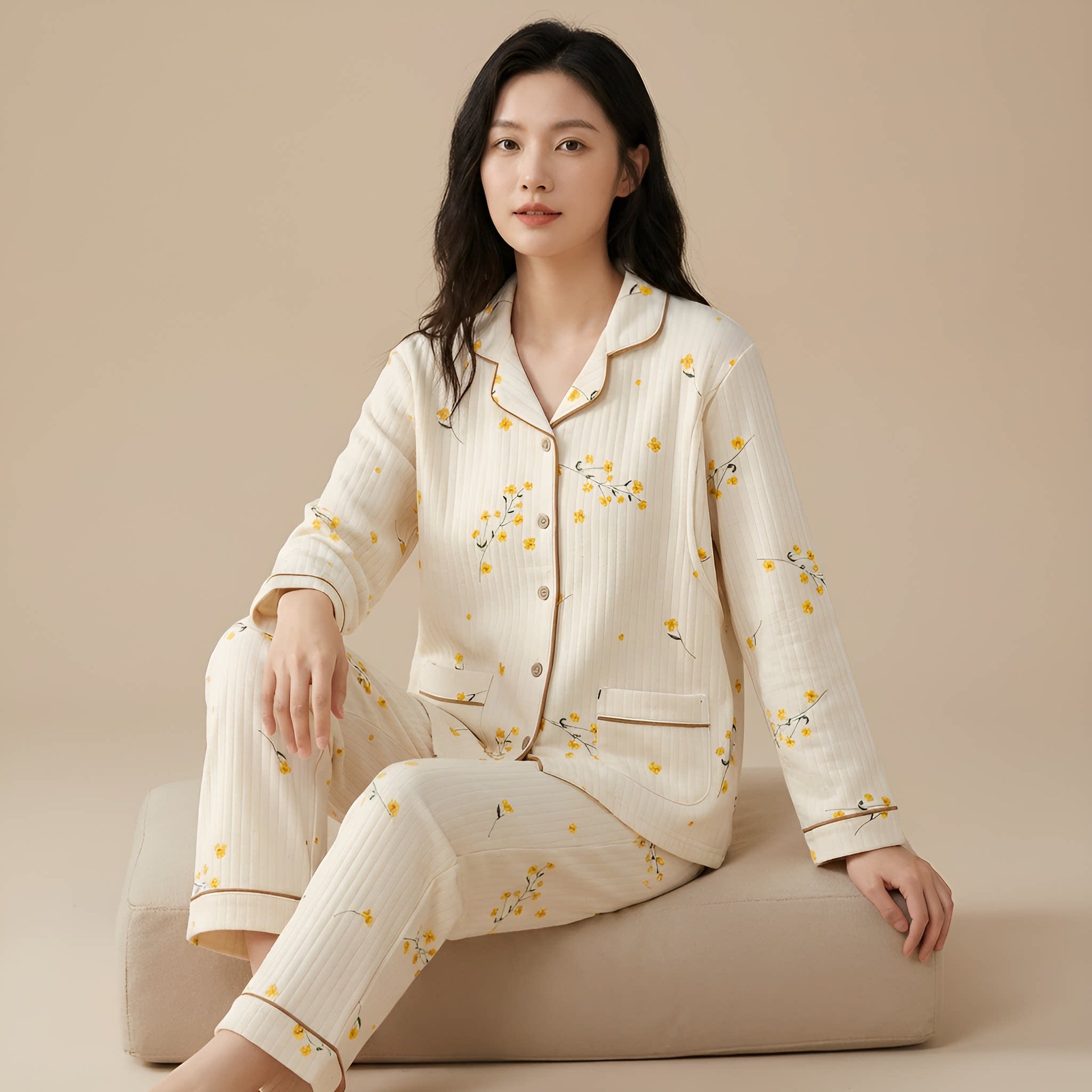 공기 면 여자 가을 겨울 잠옷 클립 면 산후 수유 긴팔 임산부 수유기 가정복 세트