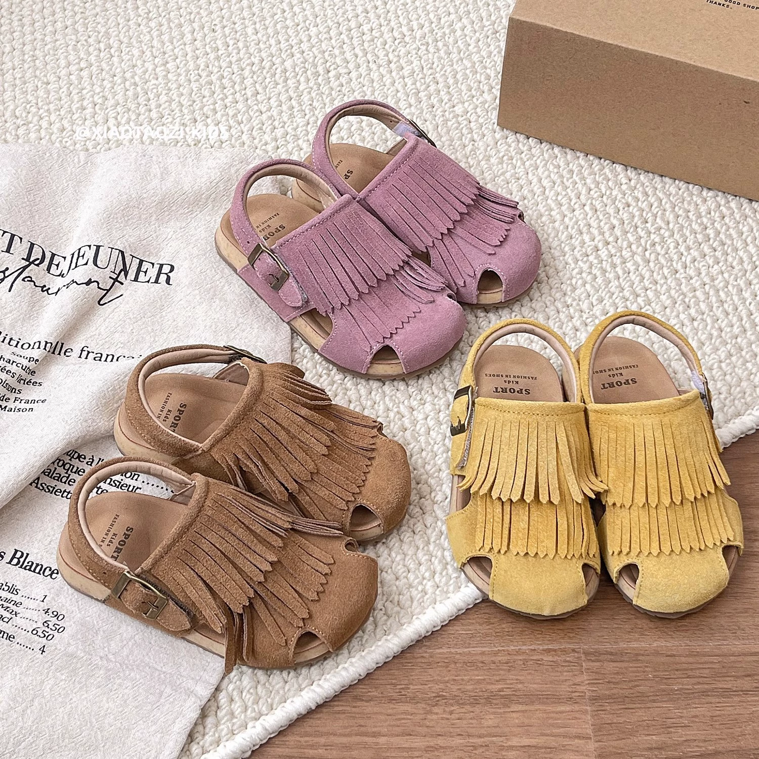 Корейские детские босоножки Birken 2025 Новый летний стиль мужской и женский детский бахрома на мягкой подошве пляжная обувь baby baotou сандалии