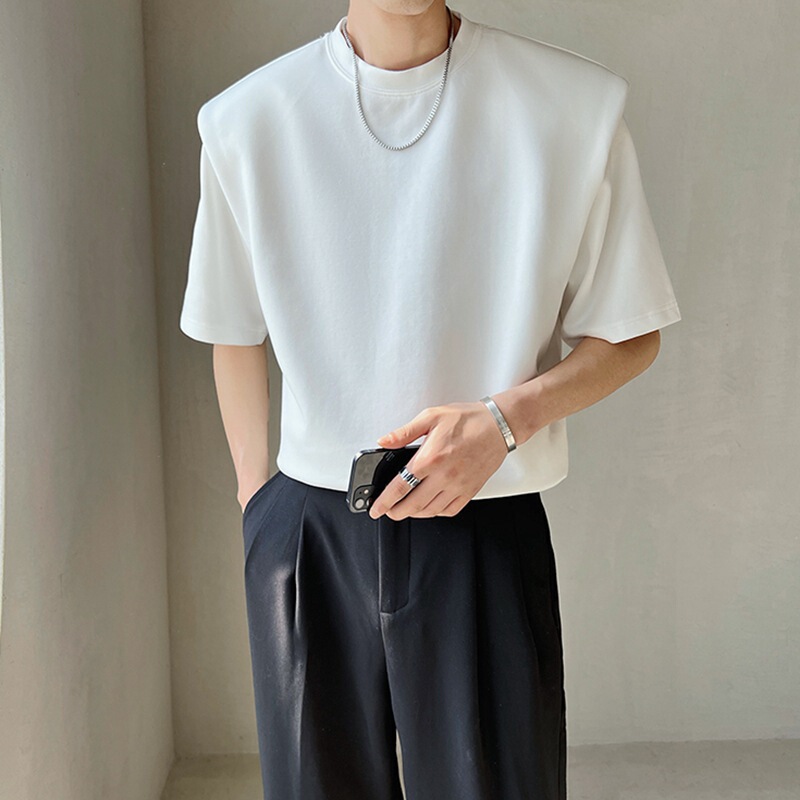 Summer Shoulder Pad Short-sleeved T-shirt Men's Hair Stylist Trendy Brand Small Neck Solid Color Light Mature Style Half-sleeved Men's T-shirt