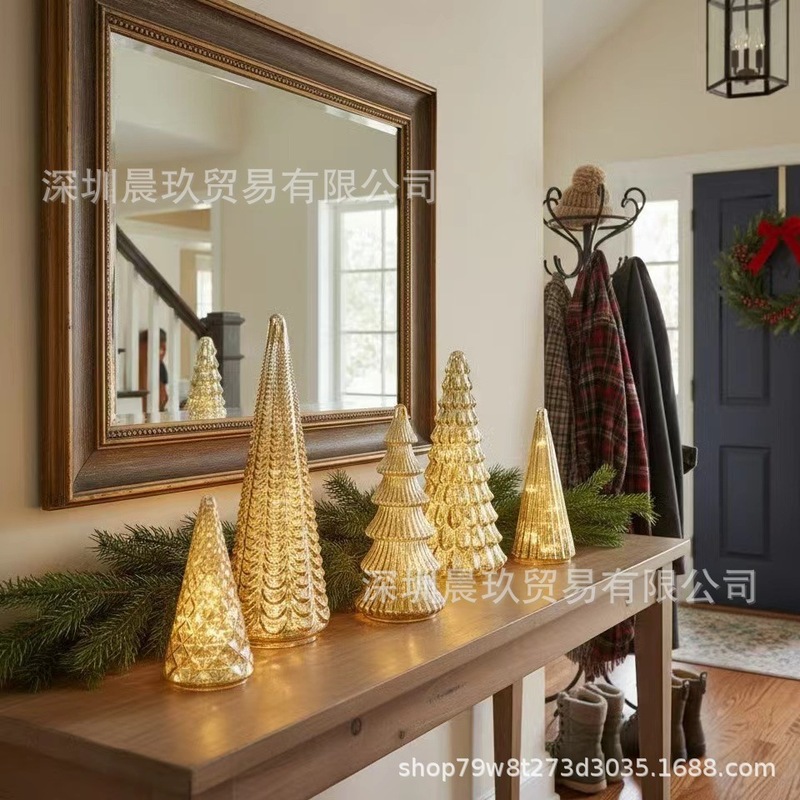 跨境新款Illuminated Mercury Glass Trees发光圣诞树5件套|undefined