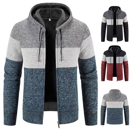 Overseas foreign trade autumn and winter men's sweater with extra thick lining, unisex outerwear knitted sweater with hood, cashmere sweater jacket