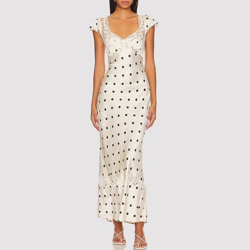 French Retro Polka Dot Dress, Summer Resort Style, Waist-Cinching, Slimming, Lace Splicing Long Dress, Birthday Dress French Retro Polka Dot Dress, Summer Resort Style, Waist-Cinching, Slimming, Lace Splicing Long Dress, Birthday Dress