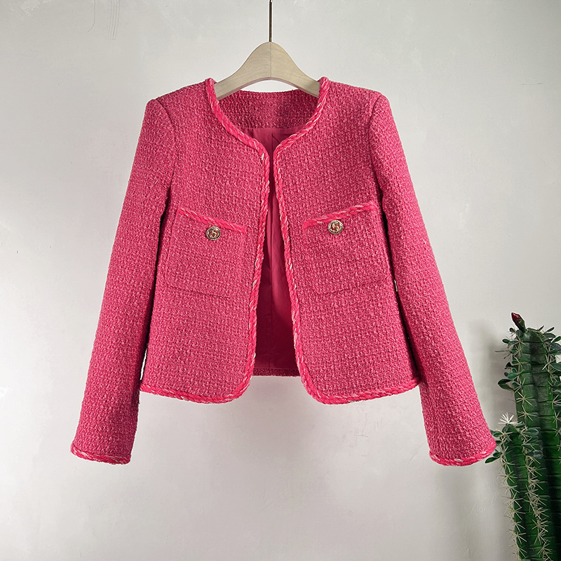 French-Style Rose Red Socialite Tweed Jacket for Women, 2022 Autumn and Winter New Style, Long-Sleeved Slim-Fit Top