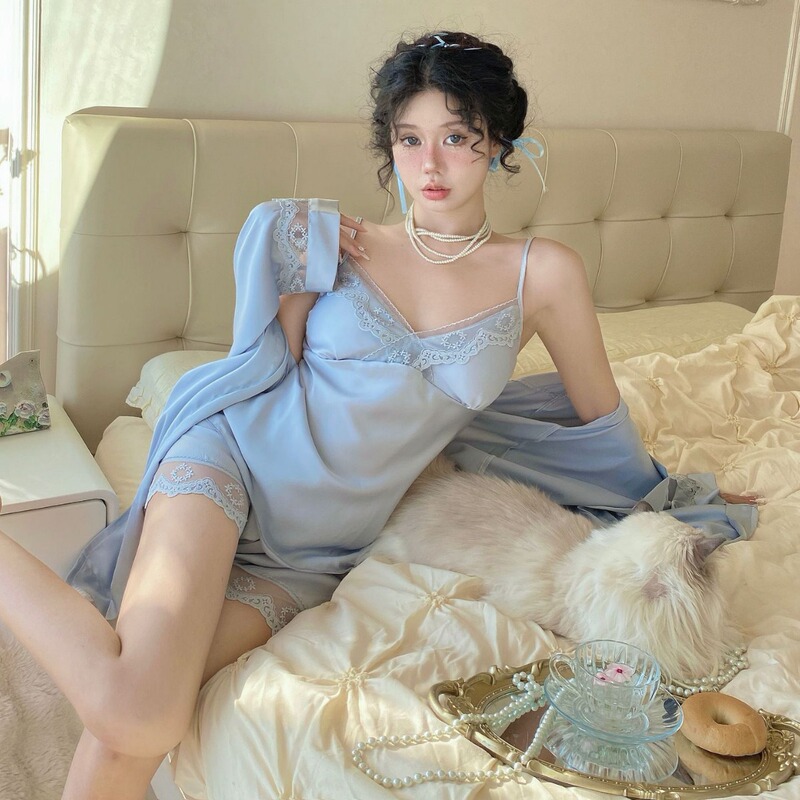 [Urban Phantom] spring, summer and autumn new four-piece ice and snow silk home wear can be worn outside pajamas cover with chest pad