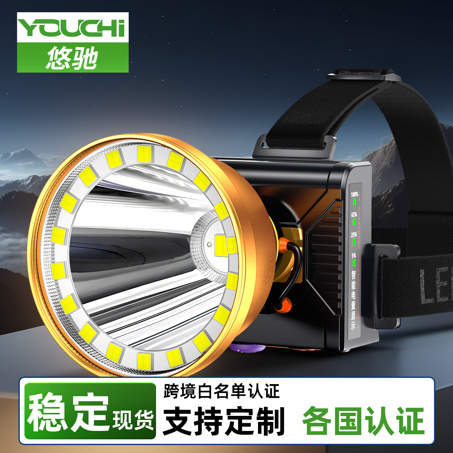 High-power headlamp with strong light, long battery life, high-power head-mounted lighting for outdoor and wilderness use, large floodlight.