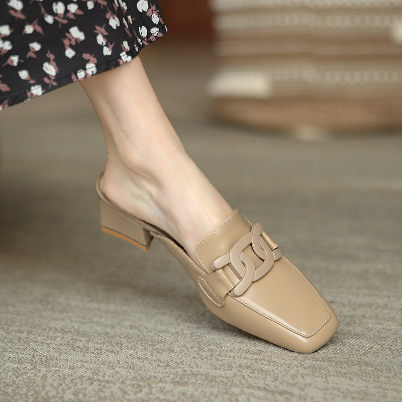 Original ins super easy to wear ~ square toe Muller slippers women's 2022 new medium chunky heel closed toe half slippers