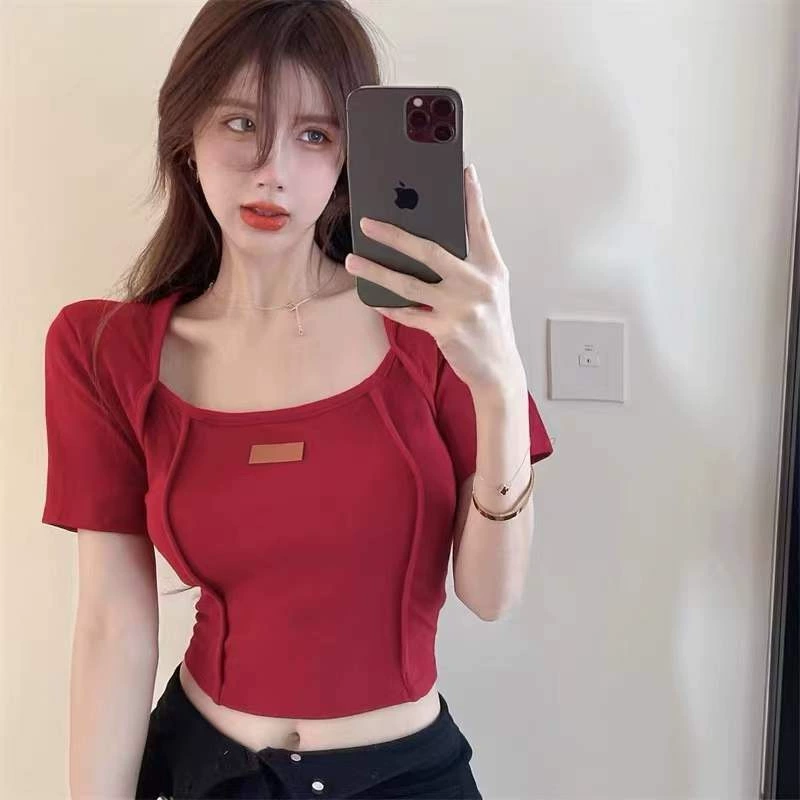 Лето 2023 новый стиль Spice Girls, футболка с квадратным воротником и короткими рукавами, дизайнерский шикарный короткий приталенный Топ для похудения