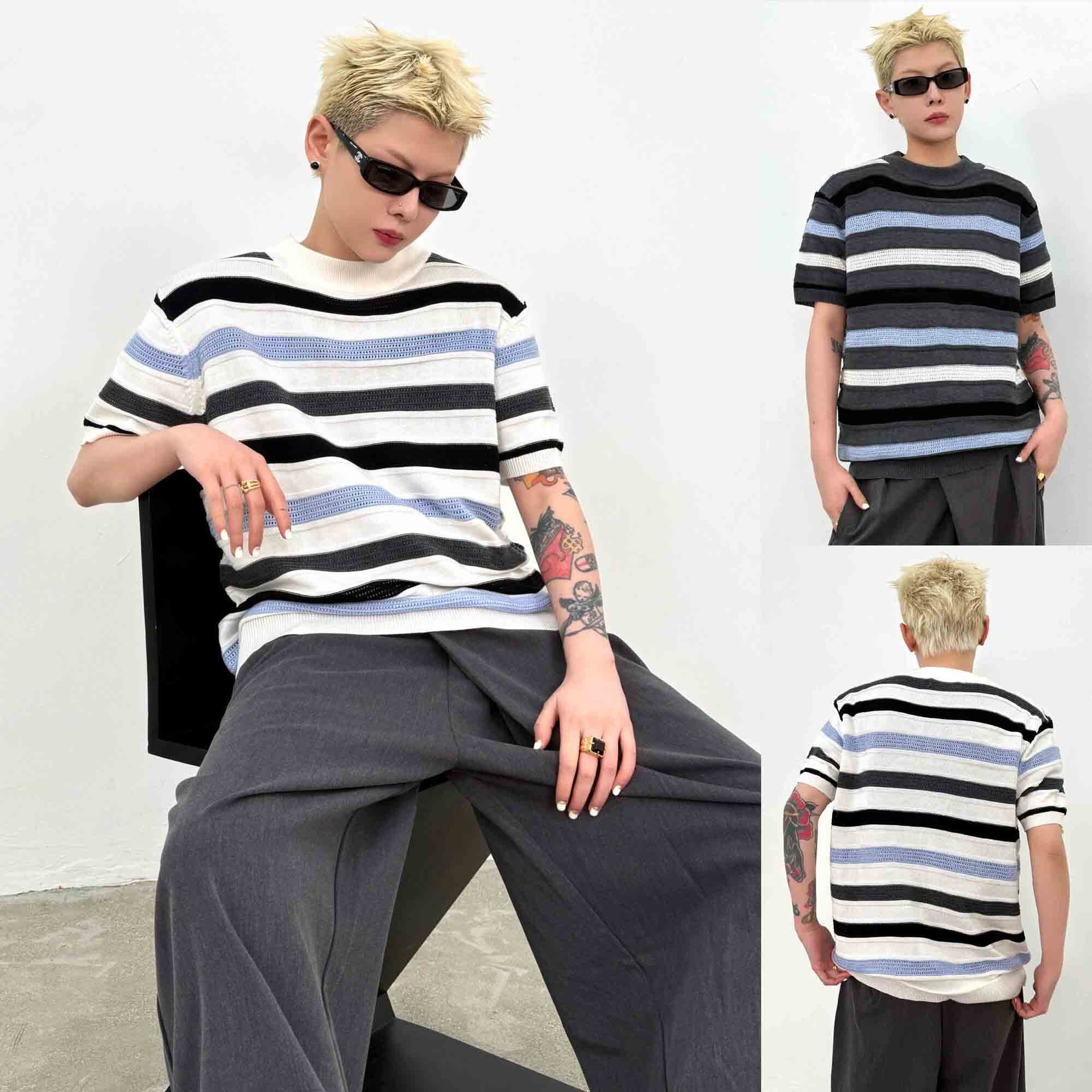 Camiseta de punto de manga corta camiseta de hueso de pescado hombre textural hueco viejo viento de negocios hielo verano fábrica transfronteriza al por mayor