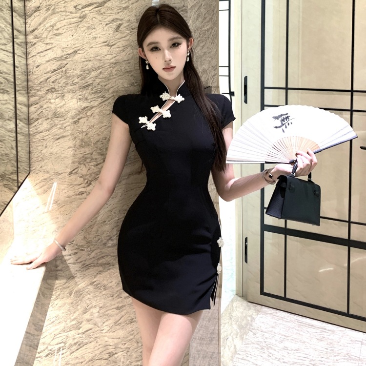 2587 跨境外贸女装国风立领盘扣修身显瘦包臀开叉旗袍连衣裙短款