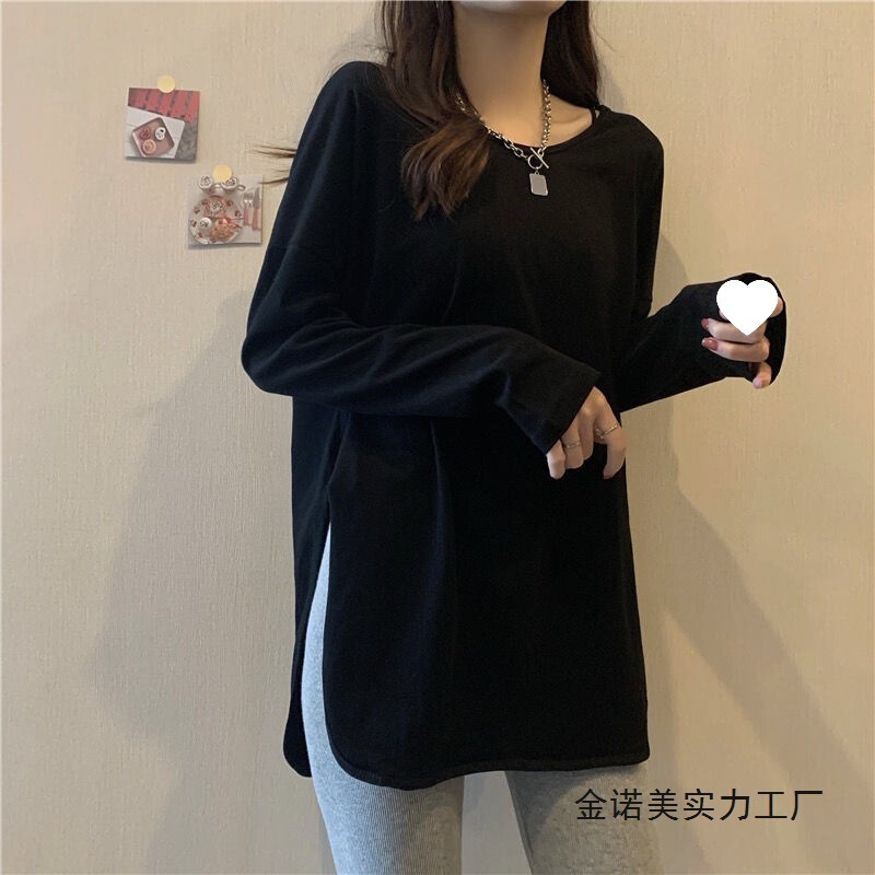 Women's Solid Color T-Shirt with Side Slits, New Spring Thin Long-Sleeve Top, Mid-Length T-Shirt That Covers the Hips, with Added Fleece