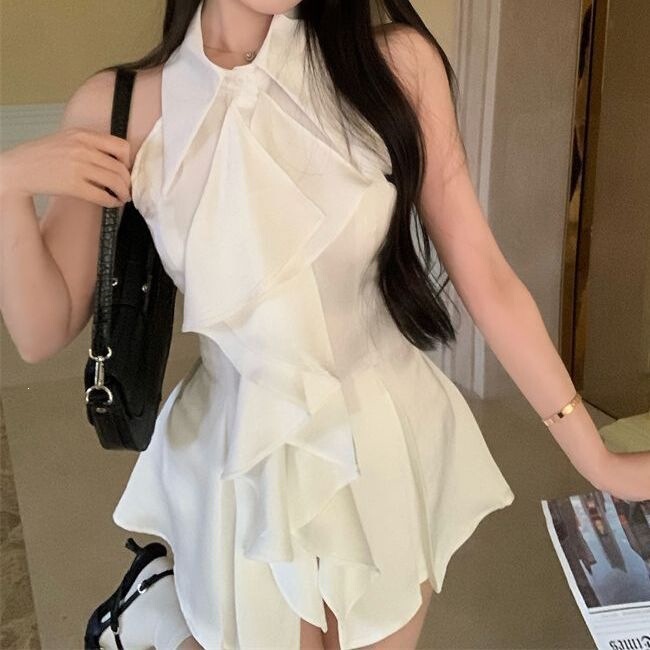 Summer Niche Mid-Length Shirt for Women, White French-Style Ruffled Collar Sleeveless Shirt Top for Women