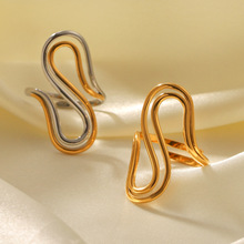 欧美个性夸张不锈钢双层线条波浪开口戒指轻奢高级感指环拼色手饰