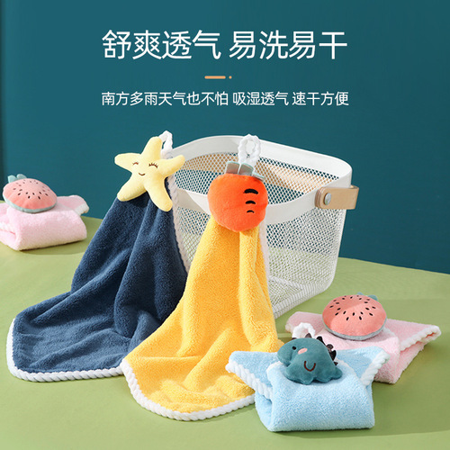 Hand Towel Cute Cartoon Hanging Towel Kitchen Bathroom Water Absorbent Soft Thickened Coral Velvet Hand Towel