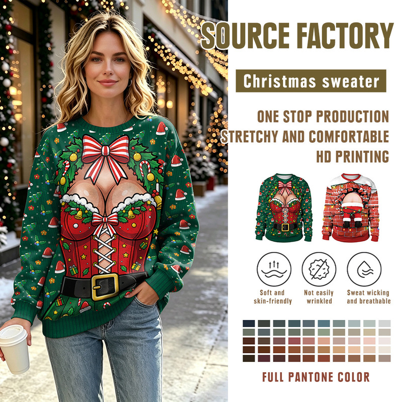 Cross-border Christmas funny Christmas fake corset 3D digital print crew neck sweatshirt, quirky and fun Christmas ugly sweatshirt