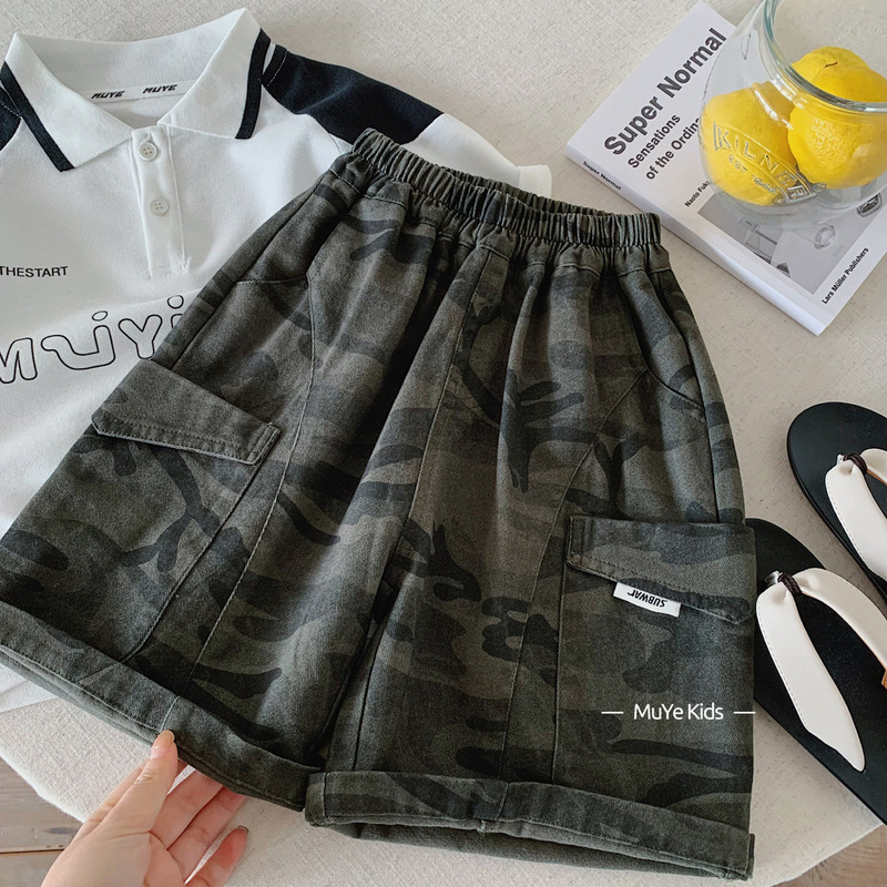 Muye Children's Summer Camouflage Cargo Shorts for Boys, Stylish Versatile Casual Mid-Length Pants, Baby Pure Cotton Shorts