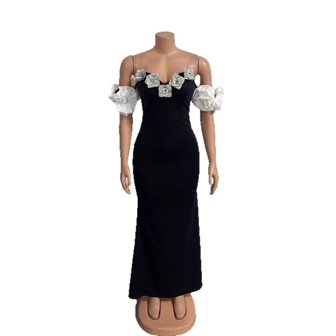 Elegant Fitted Strapless Long Dress Style Floral Embellishments Sleeveless Off-Shoulder Women's Dress_ecoleips.com
