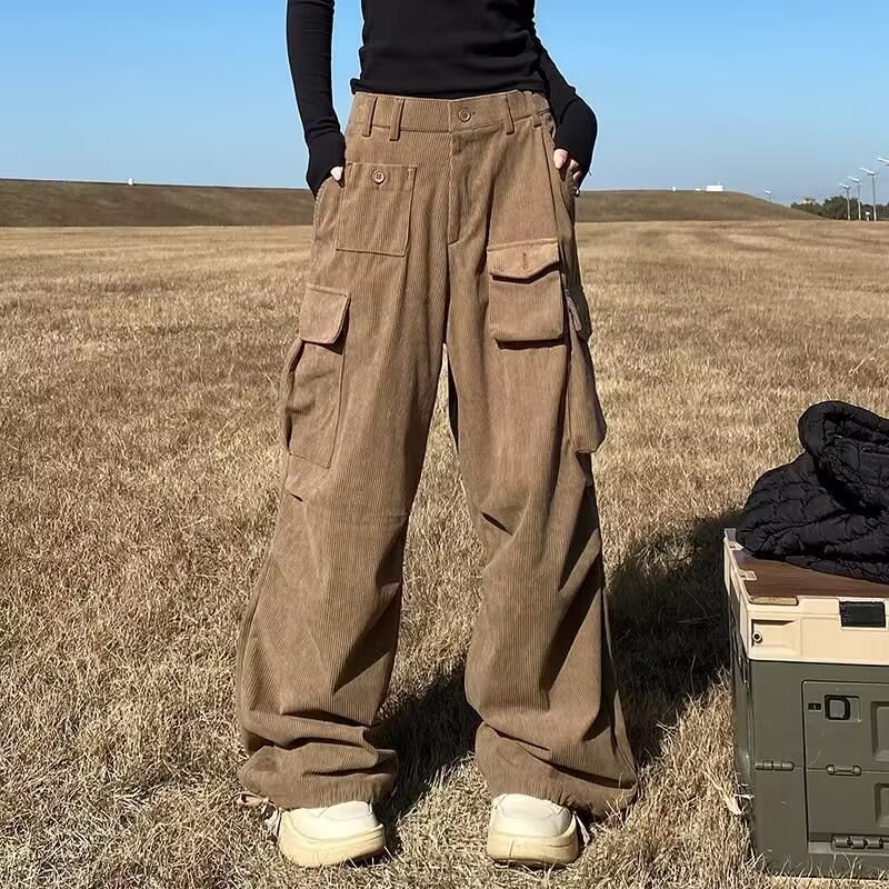 Corduroy Three-dimensional Pocket Crane Pants Men's New Spring 2024 Loose Straight Trendy Wide Leg Casual Pants