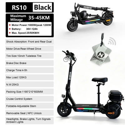 range, 10-inch foldable, 1200W high – Qatlanan elektrik skuterlər - lithium-battery-36v-12ah-long-range-35-45km-1200w-high-power-with-telescopic-handlebar-seat-trunk