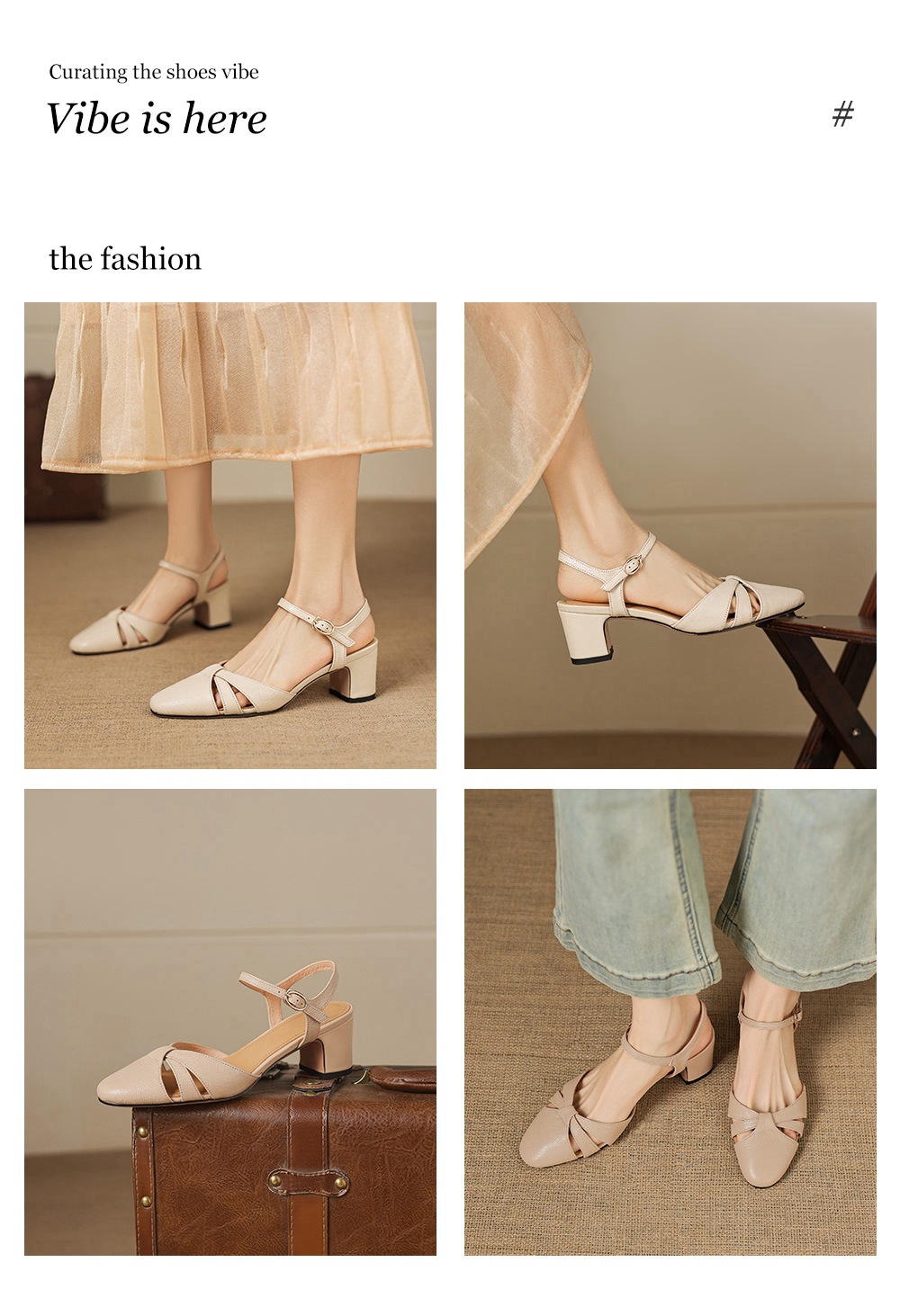Sandal nữ quai ngang mũi kín gót vuông ổn định — màu be chi tiết 4