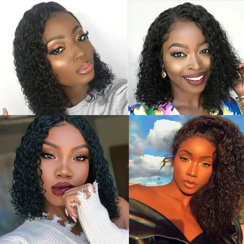 Nueva peluca de encaje estilo europeo y americano para mujer, corte bobo, negro natural, raya en medio, cabello corto rizado, fibra sintética, venta al por mayor.