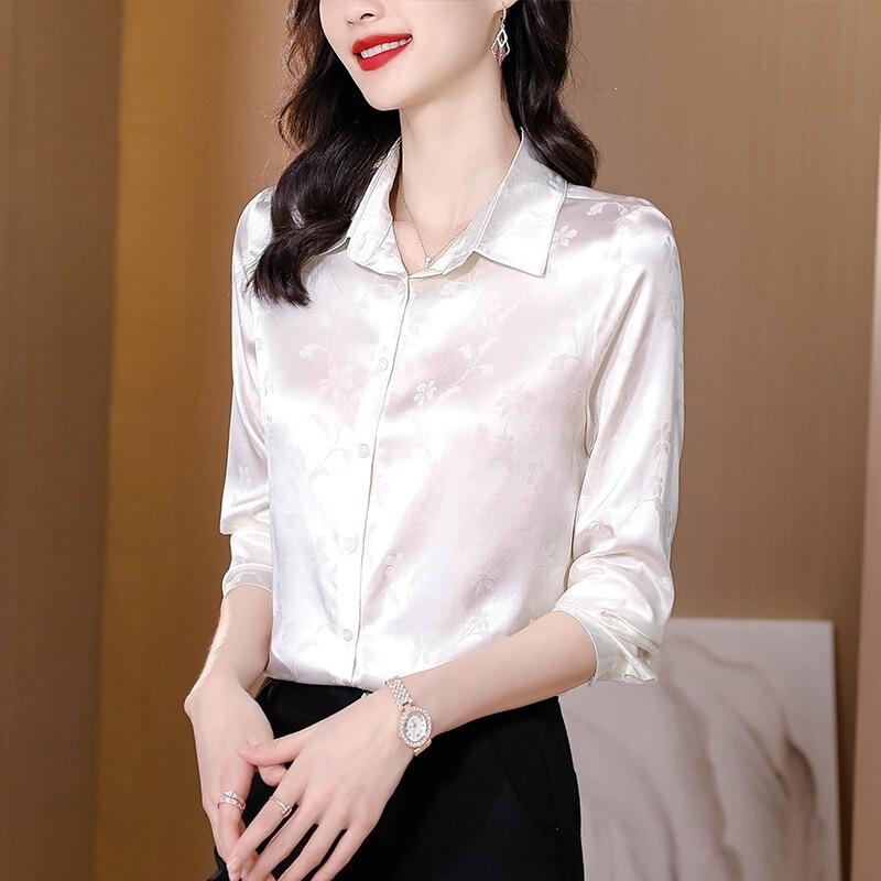 Brand Silk Shirt Long Sleeve 2026 Spring New Fashion Short Sleeve Jacquard Elegant Ladies' Style Brand Silk Shirt Long Sleeve 2026 Spring New Fashion Short Sleeve Jacquard Elegant Ladies' Style