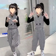 童装女童春装套装2024新款儿童春季洋气千鸟格马甲三件套小孩衣服