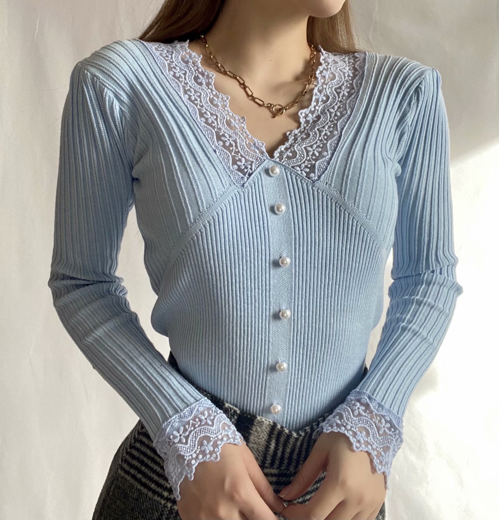 lace v-neck tight-fitting bottoming pullover sweate  NSAM30513