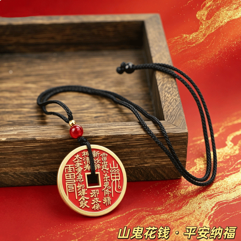一件代发方孔篆文山鬼花钱朱砂描金挂坠编绳颈饰婚庆生日山鬼花钱
