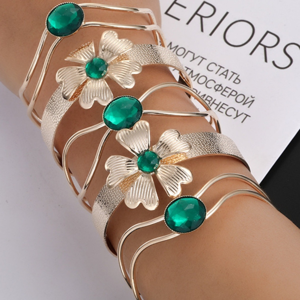 Brazalete de Moda Europea y Americana, Brazalete de Metal Exagerado, Anillo Abierto con Flores para Mujer, Joyería, Accesorios Populares