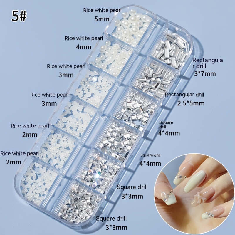 Set de joyas de uñas 12 barras de joyas taladro de uñas largo taladro de fondo plano mezclado taladro de forma especial superbrillante accesorios de uñas