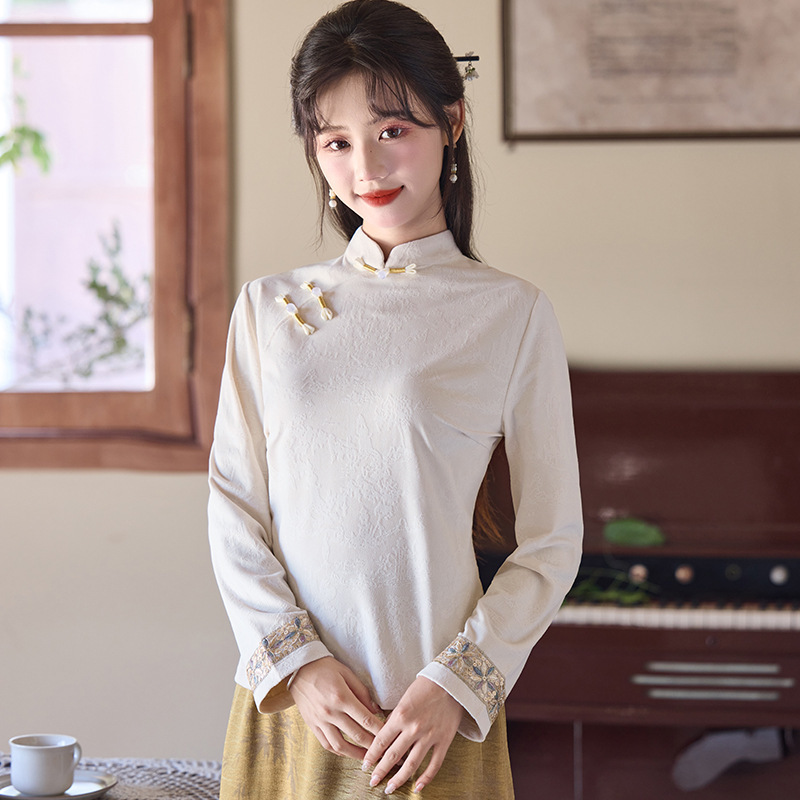 秋冬新中式套装国风盘扣丝绒衬衫女秋别致开叉打底衫旗袍领小上衣|undefined