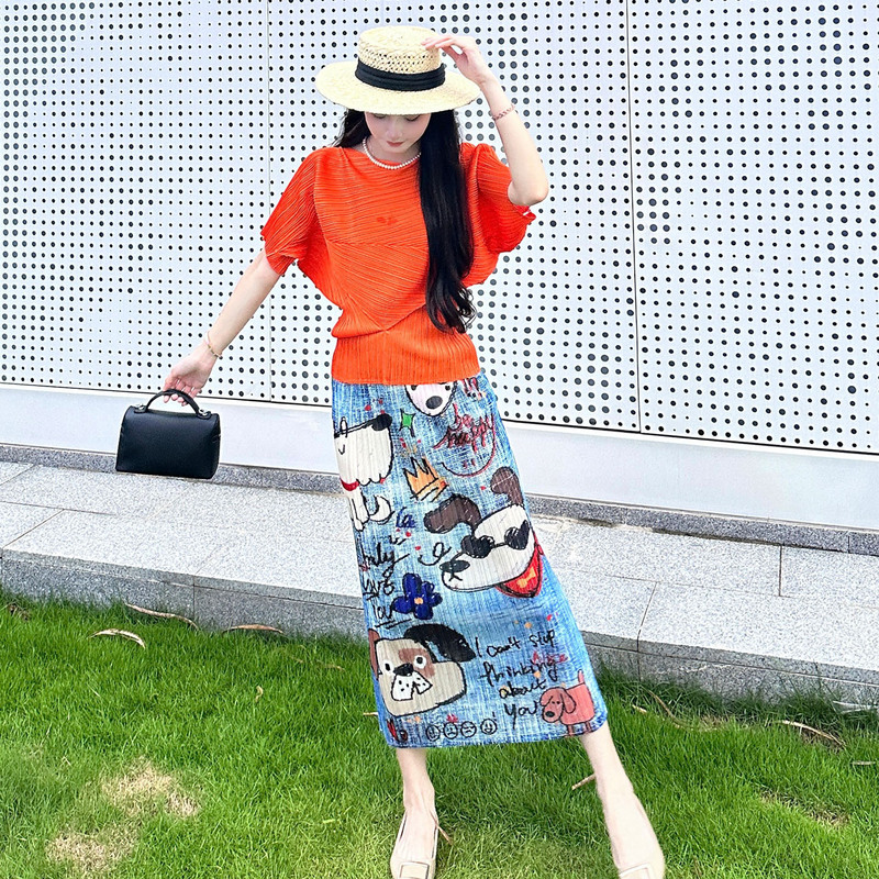 Retro Fashion Ins Wear a Complete Set of Summer New Orange Tops Cartoon Pattern Skirt Pleated Suit