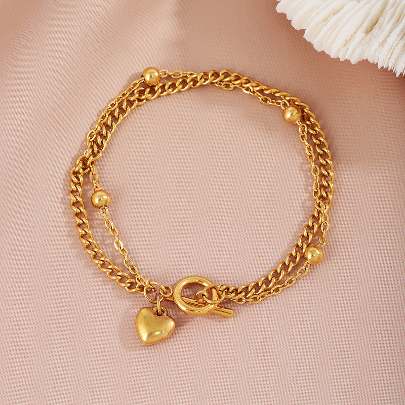 European and American New Stainless Steel Gold Beads Ot Buckle Heart Pendant Double Layer Bracelet Women's Hand Jewelry Wholesale Cross-Border Supply