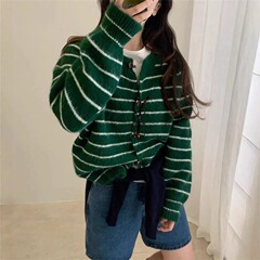 拼色条纹长袖毛衣开衫外套女2025新款秋冬季韩版圆领针织百搭上衣