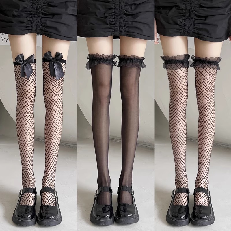 Over-The-Knee Stockings for Women in Summer, Thin, Sexy Fishnet Stockings, Bow Lace, Cut Out Black Silk Stockings, Thigh-High Stockings