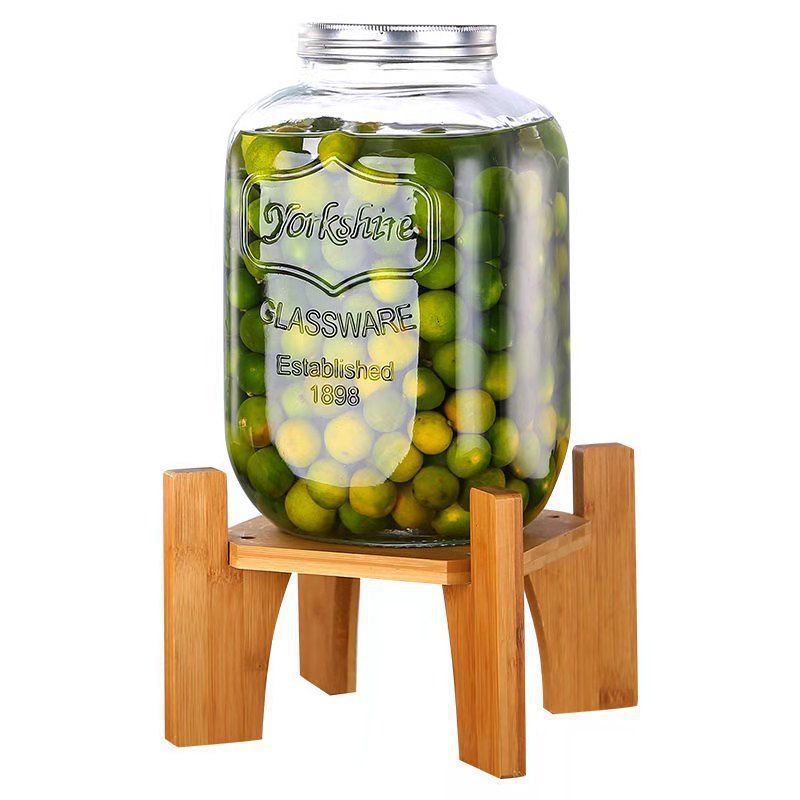 recipiente de barril de cola de vidrio transparente, barril de bebida fría de verano, barril de vino con grifos, barril de enzima, frasco de vino