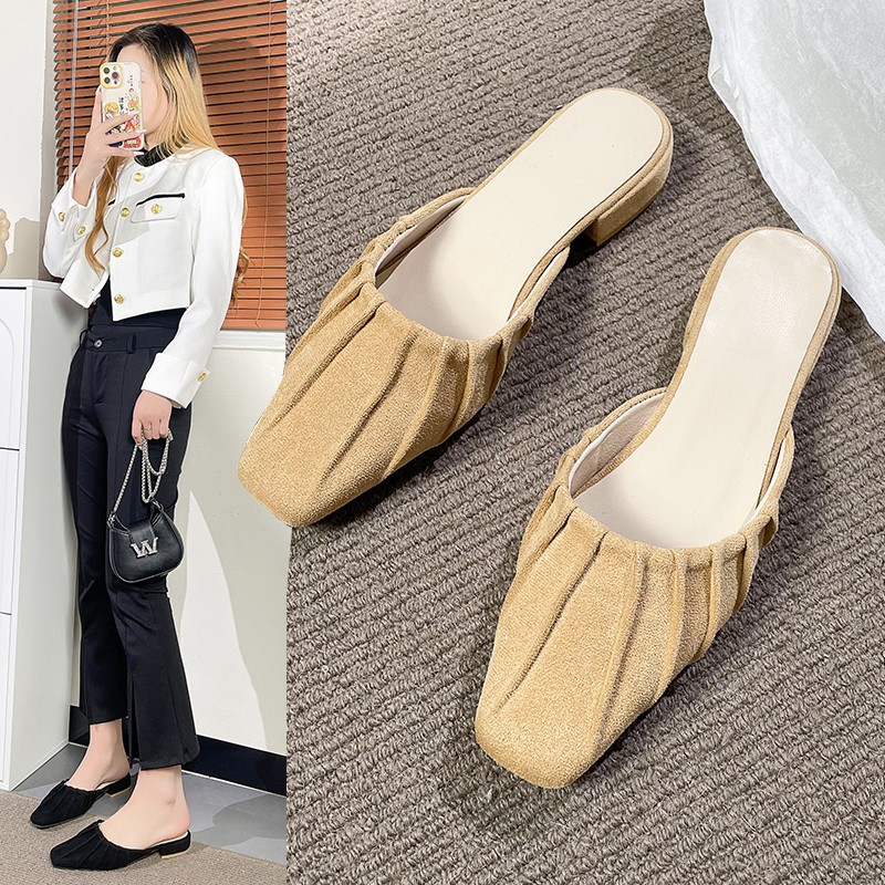 Baotou – pantoufles britanniques confortables à semelle basse et épaisse pour femmes, vêtements d'extérieur à la mode, petites pantoufles carrées pliables, nouvelle collection_voghion.com