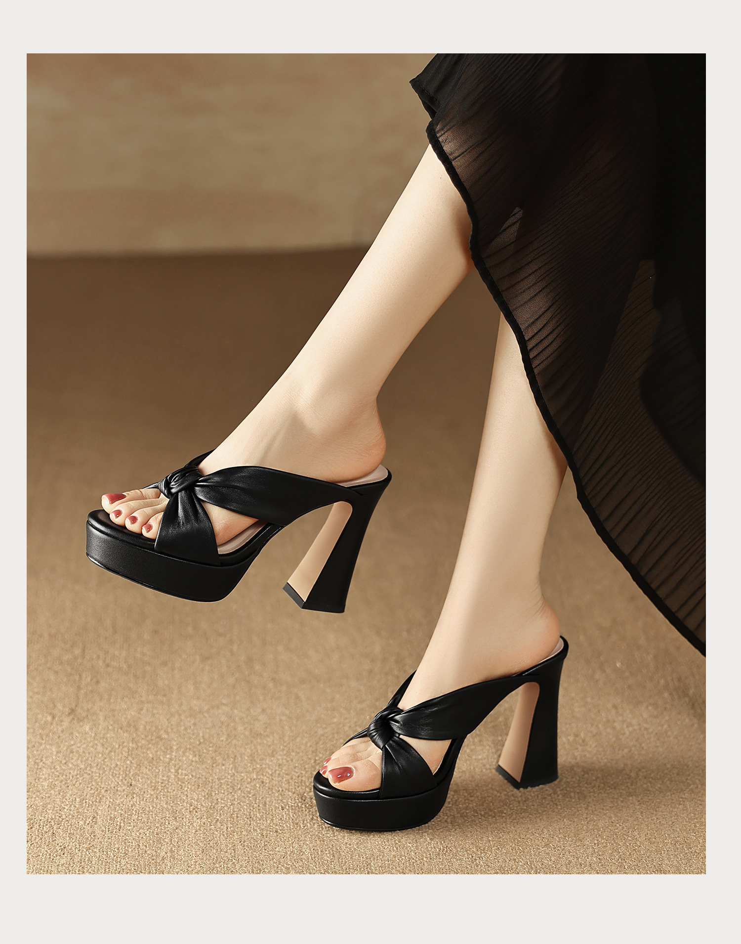 Sandal cao gót nữ mũi hở da cừu mềm, đế xuồng platform, gót vuông 8-10cm, nơ bướm — Hồng 8cm, Xanh da trời 10cm, Hồng 10cm, Trắng kem 8cm chi tiết 17