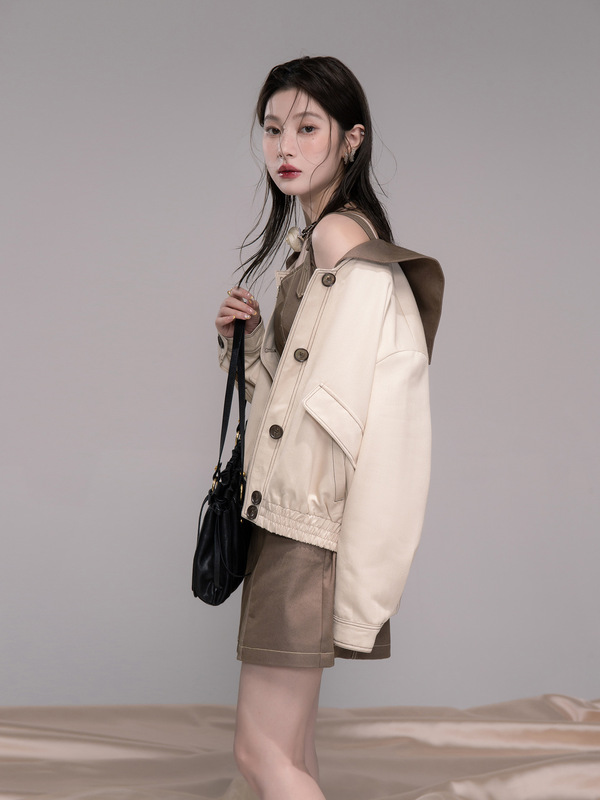 COTRE「山系女孩」松茶杏 海军领微收腰撞色牛仔外套+连衣裙|undefined