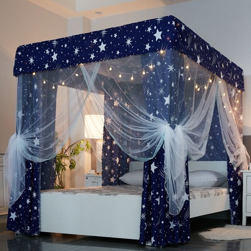 Cortina de cama de tres puertas para dormitorio piso a prueba de viento cortina de cama caliente para cuatro estaciones general a prueba de polvo mosquiteros