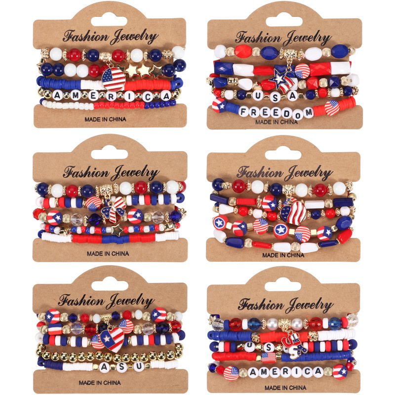 New American Flag Bracelet Red White Blue Faux Crystal Soft Ceramic Beaded Bracelet American Independence Day Bracelet