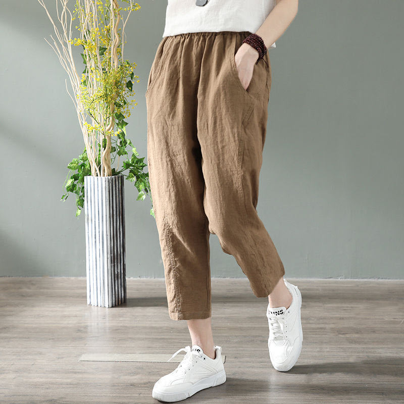 Cotton Summer New Capris Women's Literary Retro Harem Pants Loose Thin Elastic Waist Casual Carrot Pants Wholesale