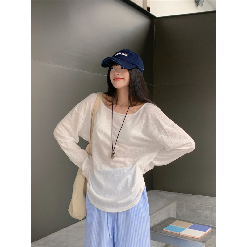 Summer New Style Simple White Thin Semi-Transparent Lazy Style Loose Long-Sleeved T-Shirt Women's Versatile Sun Protection Cover-Up Top