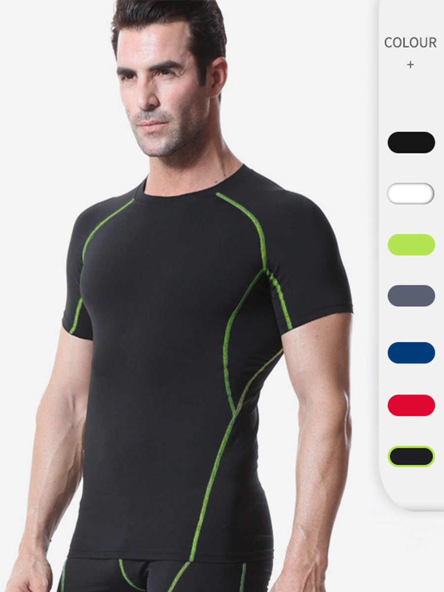 Men's Tight-Fitting Pro Fitness Sports Running Training Clothes Short-Sleeved T-Shirt Elastic Quick-Drying Clothes 1018 Quick-Drying and Breathable