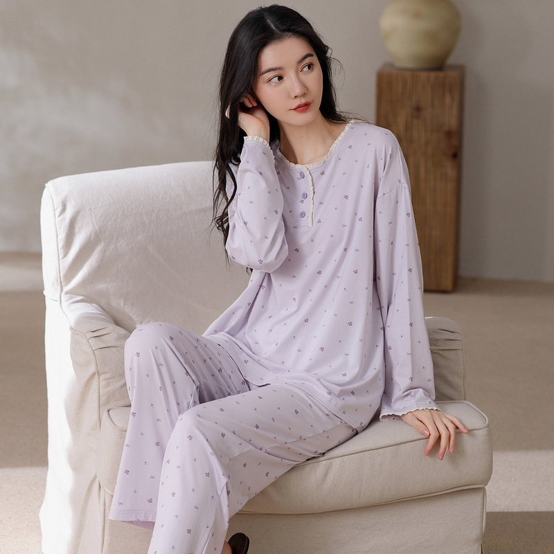 睡衣女长袖长裤纯棉薄款女士春秋季全棉家居服两件套装吸汗休闲风|undefined