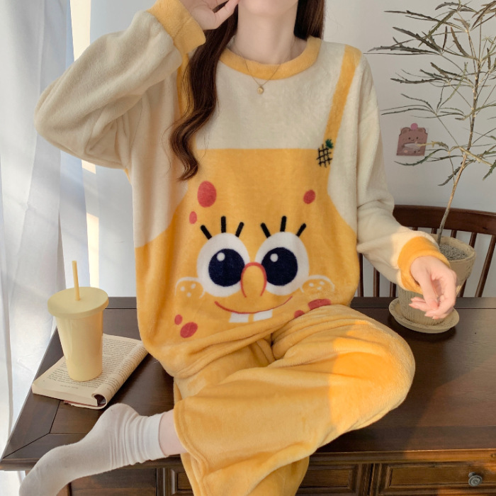 Pijamas de mujeres otoño invierno de franela lindo dibujo animado 2023 nuevo coral de lana gruesa falda cálida ropa para el hogar